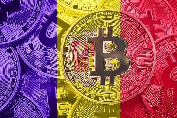 Bitcoin Andorra bayrağı yığını. Bitcoin cryptocurrencies kavramı. BTC arka plan.
