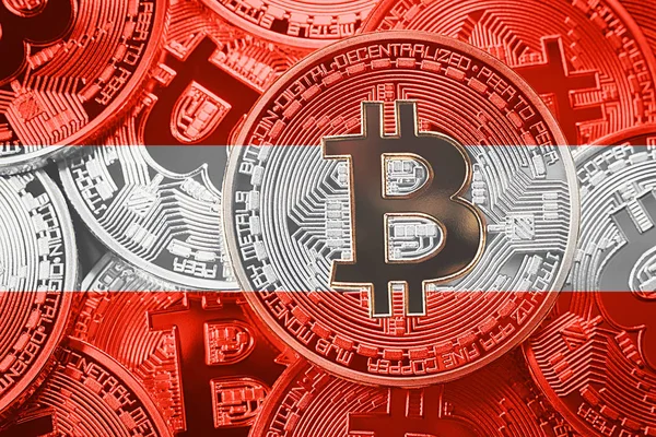 Bitcoin Avusturya bayrağı yığını. Bitcoin cryptocurrencies kavramı. BTC arka plan.