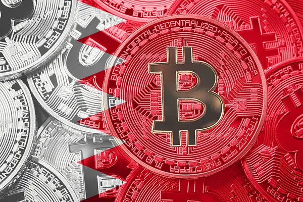Bitcoin Bahreyn bayrağı yığını. Bitcoin cryptocurrencies kavramı. BTC arka plan.