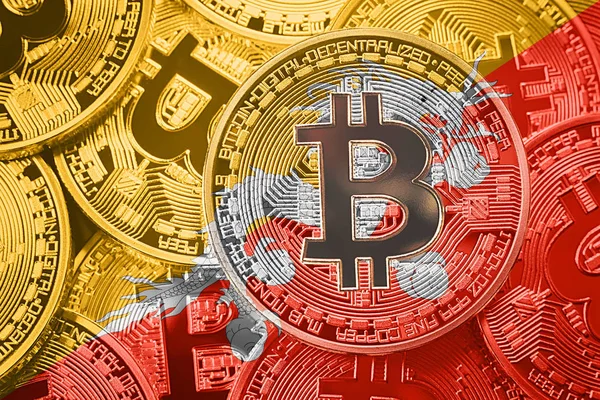 Bitcoin Bhutan bayrağı yığını. Bitcoin cryptocurrencies kavramı. BTC arka plan.