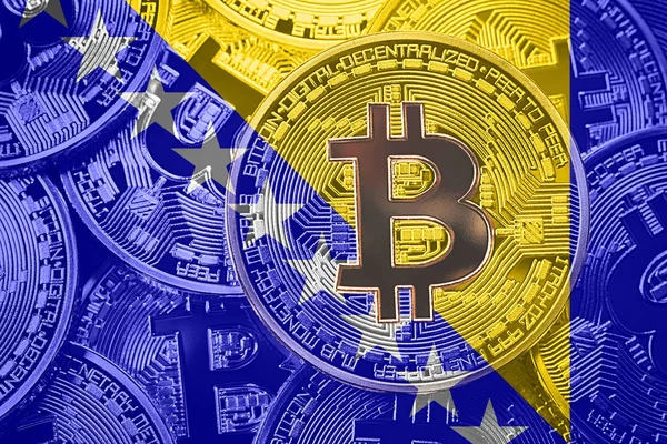 Bitcoin Bosna ve Hersek'te bayrak yığını. Bitcoin cryptocurrencies kavramı. BTC arka plan.