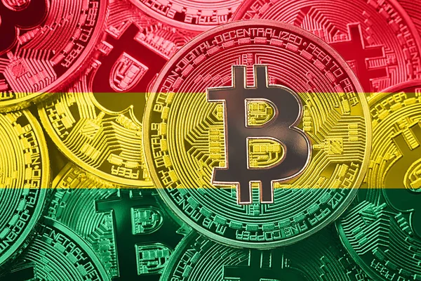 Bitcoin Bolivya bayrağının yığını. Bitcoin cryptocurrencies kavramı. BTC arka plan.
