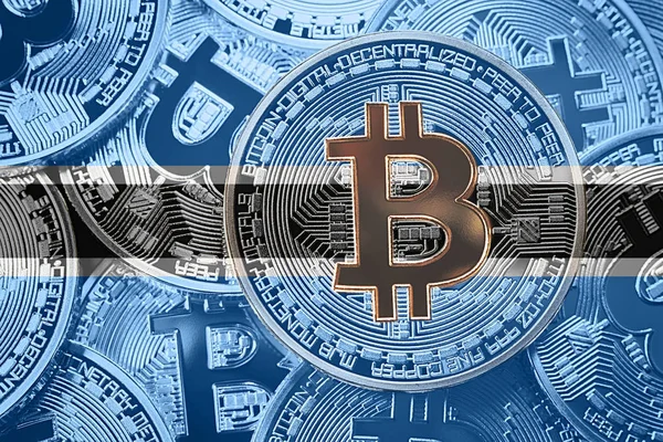 Bitcoin Botsvana Bayrağı yığını. Bitcoin cryptocurrencies kavramı. BTC arka plan.