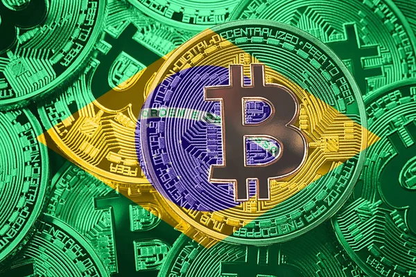 Bitcoin ブラジルの国旗のスタック Bitcoin Cryptocurrencies Btc の背景 — ストック写真