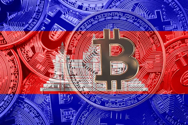 Bitcoin Kamboçya bayrağı yığını. Bitcoin cryptocurrencies kavramı. BTC arka plan.