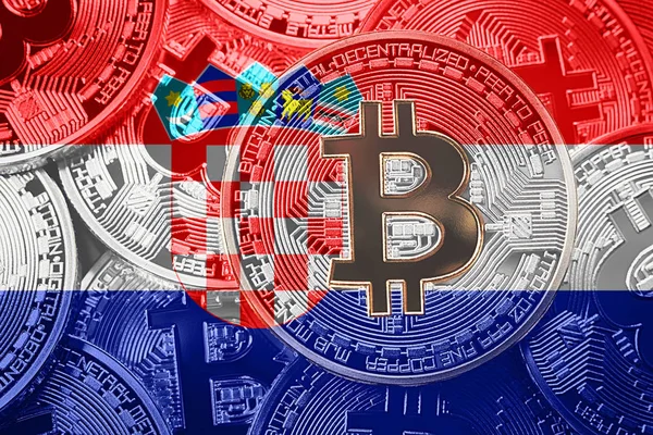 Bitcoin Hırvatistan bayrağı yığını. Bitcoin cryptocurrencies kavramı. BTC arka plan.