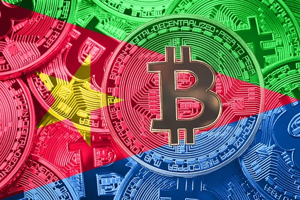 Bitcoin Eritre bayrak yığını. Bitcoin cryptocurrencies kavramı. BTC arka plan.
