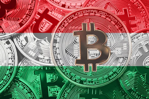 Bitcoin Macaristan bayrağı yığını. Bitcoin cryptocurrencies kavramı. BTC arka plan.