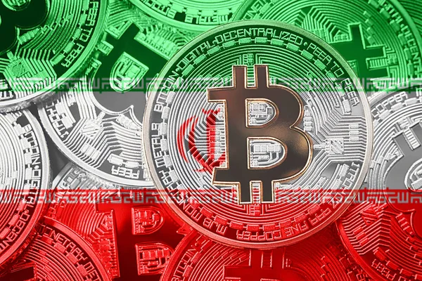 Bitcoin Iran bayrağı yığını. Bitcoin cryptocurrencies kavramı. BTC arka plan.