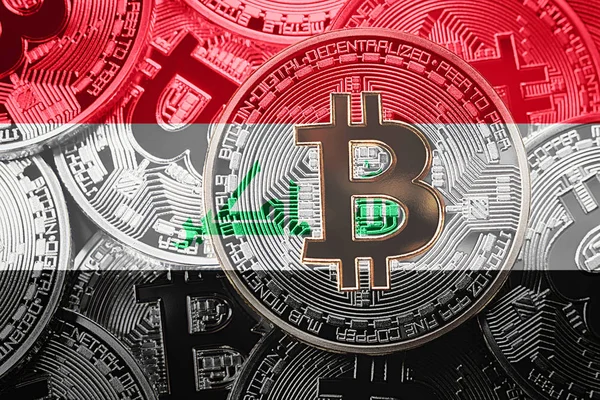 Bitcoin Irak bayrağı yığını. Bitcoin cryptocurrencies kavramı. BTC arka plan.
