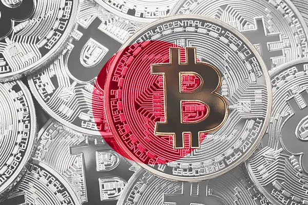 Stapel Bitcoin Japanse Vlag Bitcoin Cryptocurrencies Concept Btc Achtergrond — Stockfoto