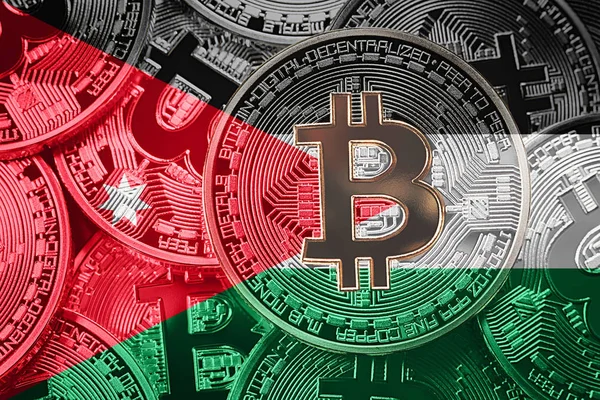 Bitcoin Jordan bayrak yığını. Bitcoin cryptocurrencies kavramı. BTC arka plan.