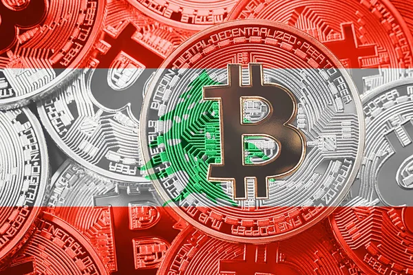 Bitcoin Lübnan bayrağı yığını. Bitcoin cryptocurrencies kavramı. BTC arka plan.