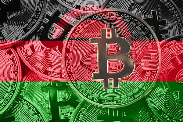 Bitcoin Malavi bayrak yığını. Bitcoin cryptocurrencies kavramı. BTC arka plan.