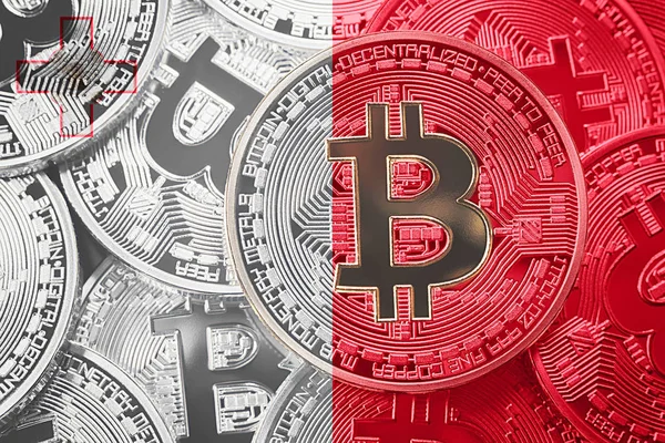 Bitcoin Malta bayrağı yığını. Bitcoin cryptocurrencies kavramı. BTC arka plan.