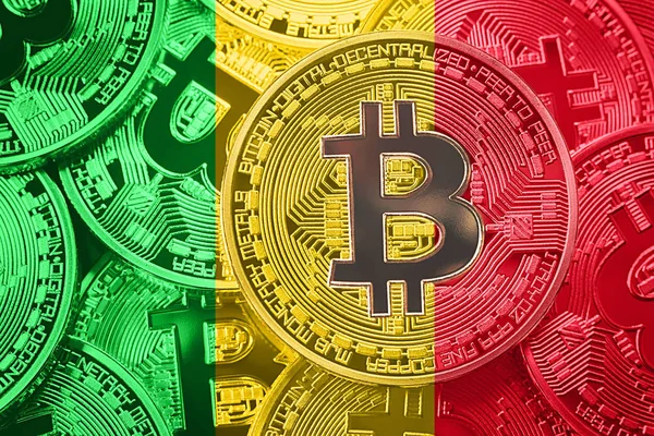 Bitcoin Mali bayrağı yığını. Bitcoin cryptocurrencies kavramı. BTC arka plan.