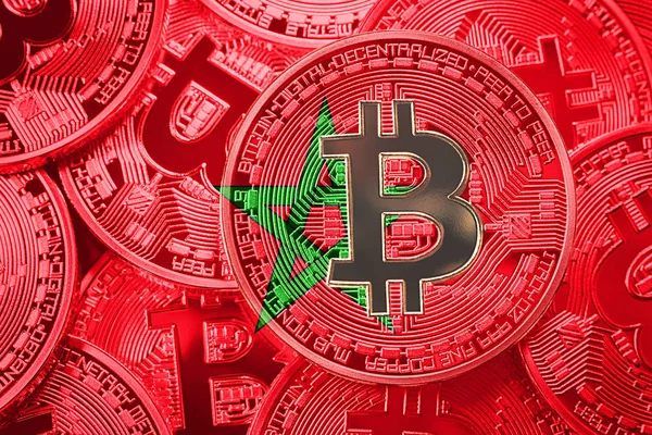 Bitcoin Fas bayrak yığını. Bitcoin cryptocurrencies kavramı. BTC arka plan.