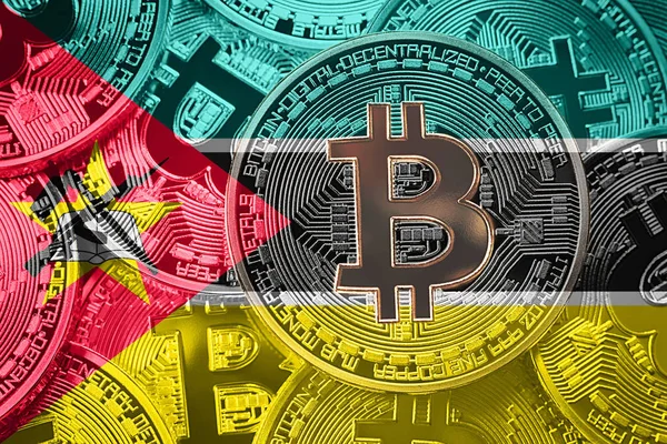 Bitcoin Mozambik bayrak yığını. Bitcoin cryptocurrencies kavramı. BTC arka plan.