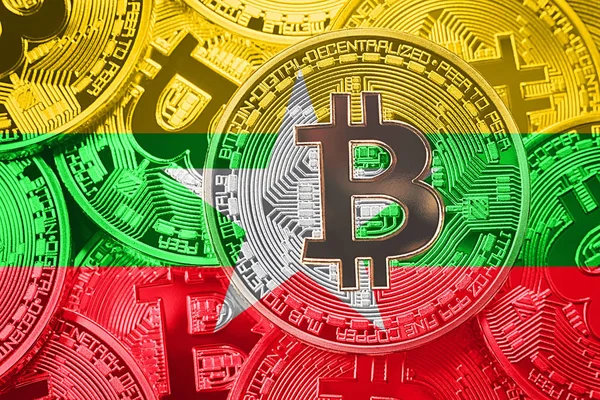 Bitcoin Myanmar bayrağı yığını. Bitcoin cryptocurrencies kavramı. BTC arka plan.
