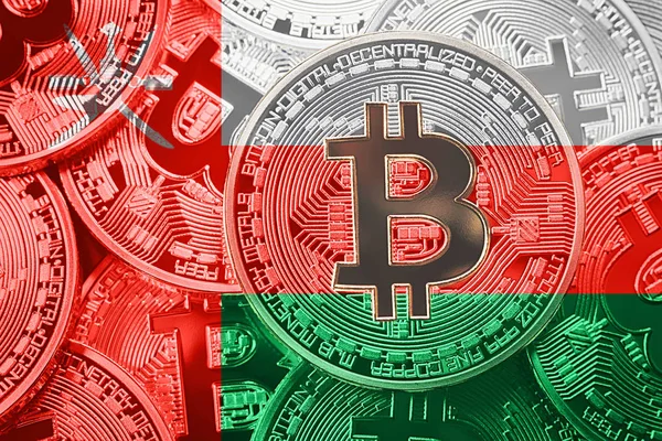 Bitcoin Umman bayrağı yığını. Bitcoin cryptocurrencies kavramı. BTC arka plan.