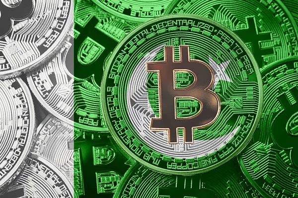 Bitcoin Pakistan bayrağı yığını. Bitcoin cryptocurrencies kavramı. BTC arka plan.