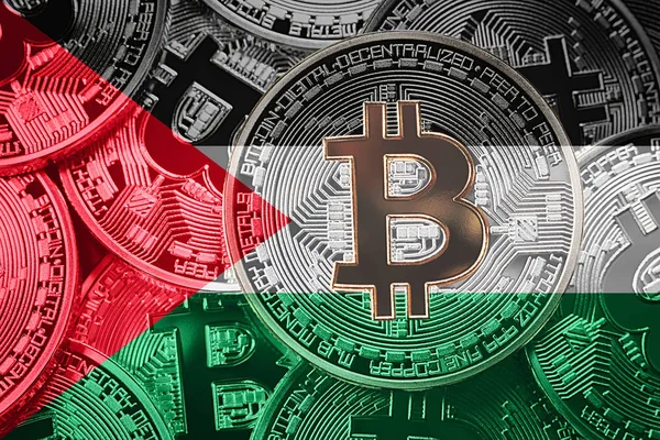 Bitcoin Filistin bayrağı yığını. Bitcoin cryptocurrencies kavramı. BTC arka plan.