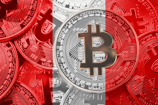 Bitcoin Peru bayrağı yığını. Bitcoin cryptocurrencies kavramı. BTC arka plan.