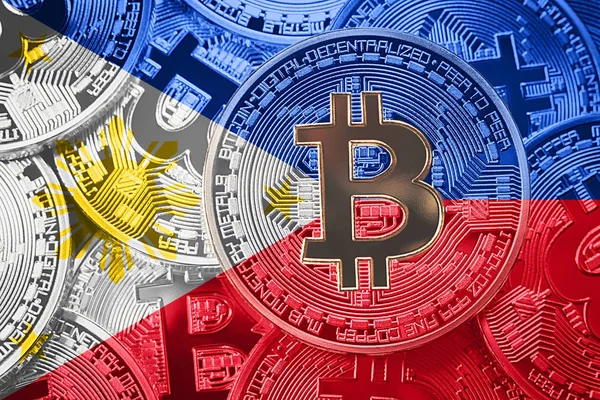 Bitcoin Filipinler bayrağı yığını. Bitcoin cryptocurrencies kavramı. BTC arka plan.