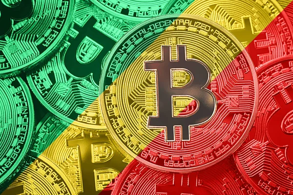Bitcoin Cumhuriyeti Kongo bayrağı yığını. Bitcoin cryptocurrencies kavramı. BTC arka plan.