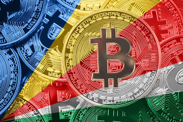 Bitcoin Seyşeller bayrak yığını. Bitcoin cryptocurrencies kavramı. BTC arka plan.