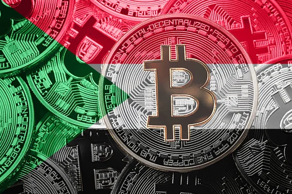 Bitcoin Sudan bayrağı yığını. Bitcoin cryptocurrencies kavramı. BTC arka plan.