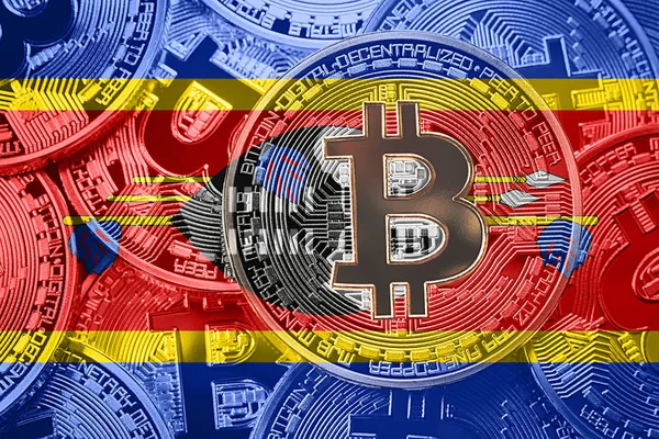 Bitcoin Svaziland bayrak yığını. Bitcoin cryptocurrencies kavramı. BTC arka plan.