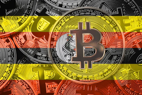 Bitcoin Uganda bayrağı yığını. Bitcoin cryptocurrencies kavramı. BTC arka plan.
