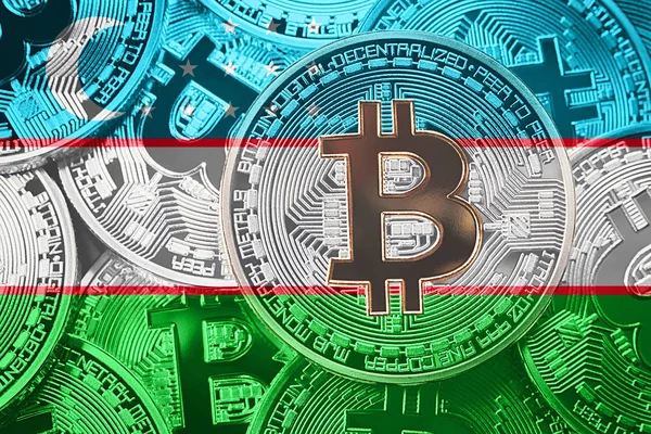 Bitcoin Özbekistan bayrağı yığını. Bitcoin cryptocurrencies kavramı. BTC arka plan.