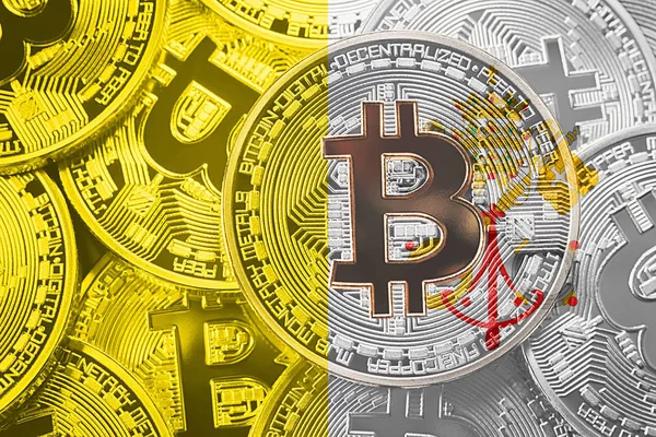 Bitcoin Vatikan bayrağı yığını. Bitcoin cryptocurrencies kavramı. BTC arka plan.