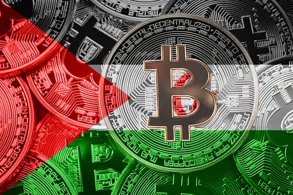 Bitcoin Batı Sahra bayrak yığını. Bitcoin cryptocurrencies kavramı. BTC arka plan.