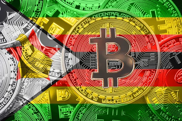 Bitcoin Zimbabve bayrağı yığını. Bitcoin cryptocurrencies kavramı. BTC arka plan.