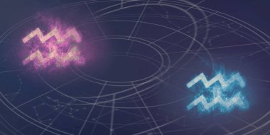 Aquariusand Kova Astroloji Uyumluluk işaretleri. Gece gökyüzü arka plan.
