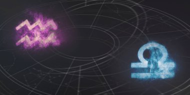 Kova ve Terazi burç uyumluluğu imzalar. Gece gökyüzü arka plan.