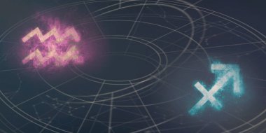 Kova ve Yay burç uyumluluğu imzalar. Gece gökyüzü arka plan.