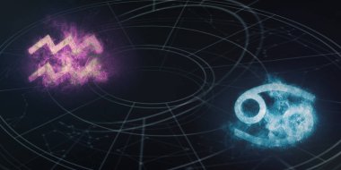 Kova ve kanser burç uyumluluğu imzalar. Gece gökyüzü arka plan.