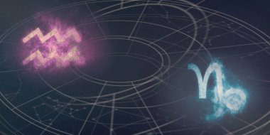 Oğlak ve Kova Astroloji Uyumluluk işaretleri. Gece gökyüzü arka plan.