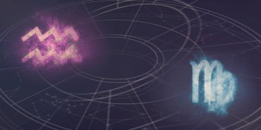 Kova ve Başak Burç uyumluluğu imzalar. Gece gökyüzü arka plan.