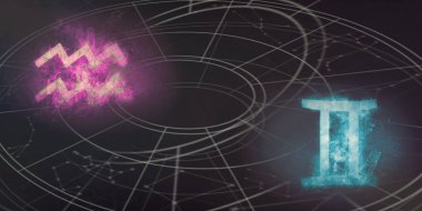 Kova ve ikizler burç uyumluluğu imzalar. Gece gökyüzü arka plan.