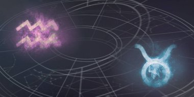 Kova ve Toros burç uyumluluğu imzalar. Gece gökyüzü arka plan.