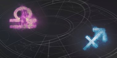 Terazi ve Yay burç uyumluluğu imzalar. Gece gökyüzü arka plan.