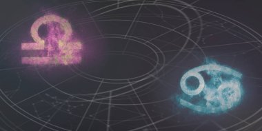 Terazi ve kanser burç uyumluluğu imzalar. Gece gökyüzü arka plan.