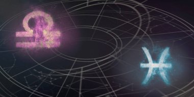 Terazi ve Balık burç uyumluluğu imzalar. Gece gökyüzü arka plan.