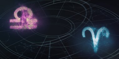 Terazi ve Koç Astroloji Uyumluluk işaretleri. Gece gökyüzü arka plan.