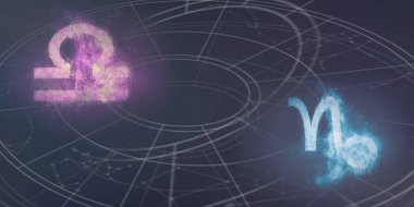 Terazi ve Oğlak burç uyumluluğu imzalar. Gece gökyüzü arka plan.